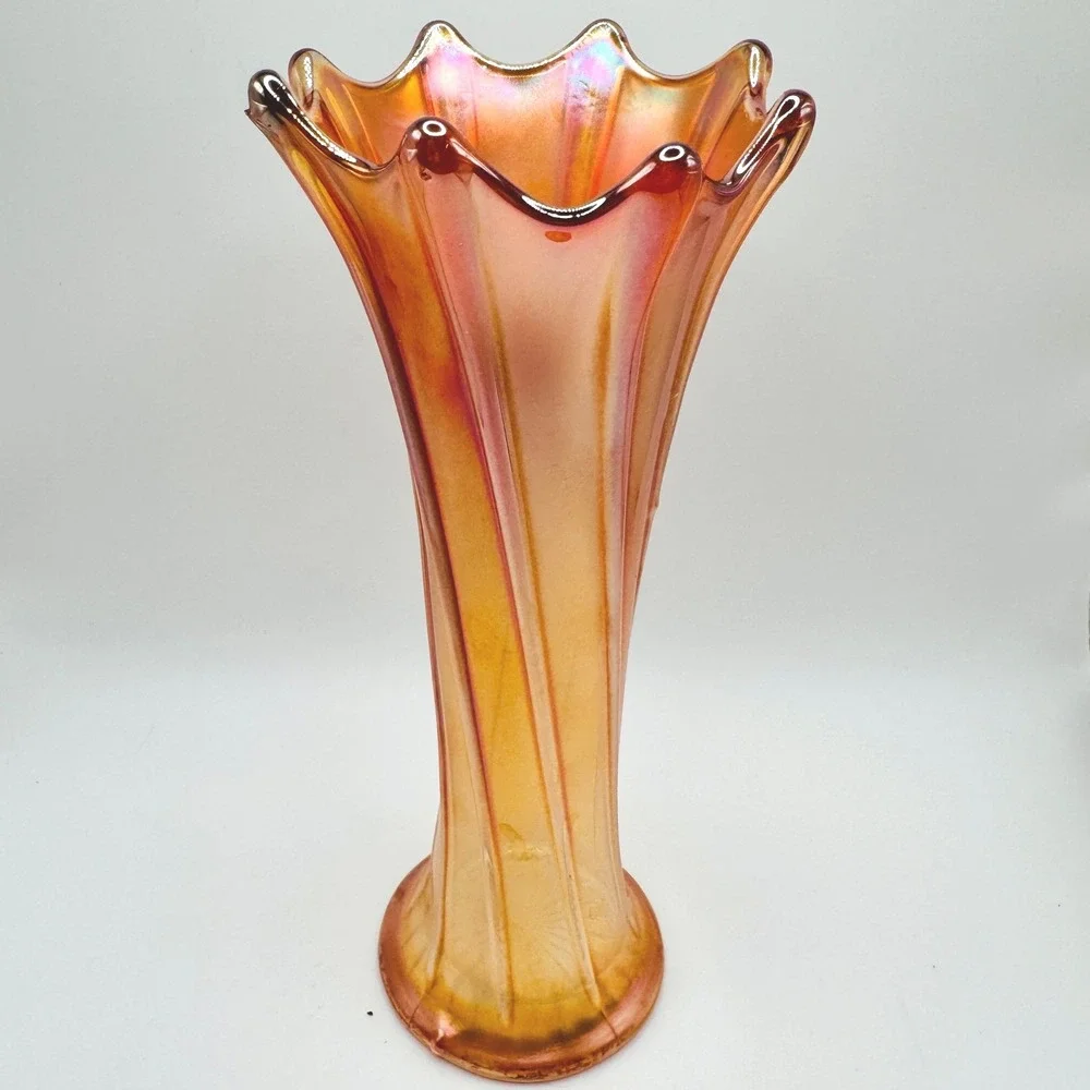 Antique Northwood Thin Rib Marigold Carnival Glass Vase Ruffled Rim c1910